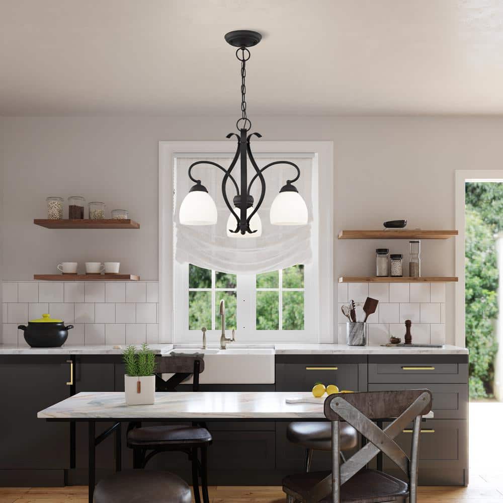 Black 3-Light Convertible Hanging Lantern with Hand Blown Satin White Glass