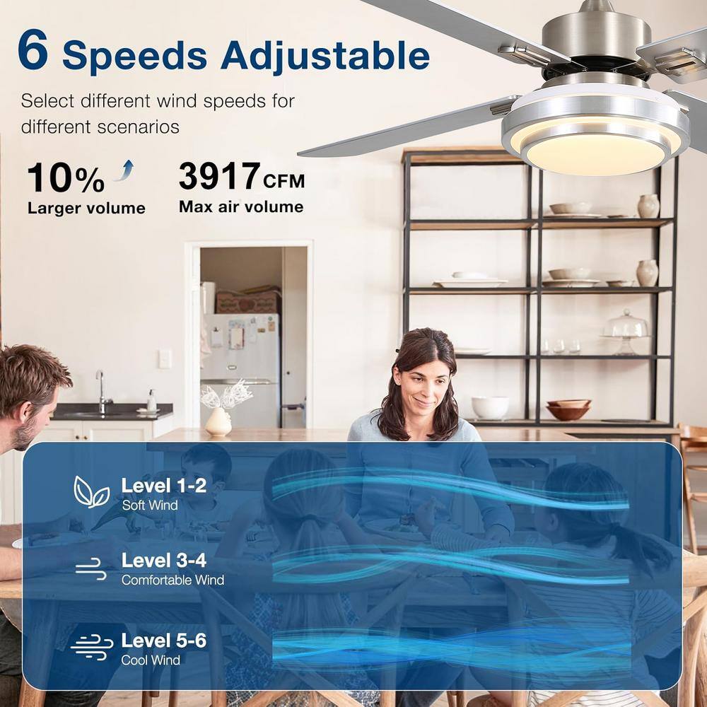 52" Brushed Nickel Ceiling Fan with LED Light and Remote Control
