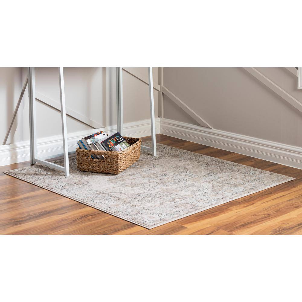 Modern Elegance Ivory & Gray Square Synthetic Area Rug, 4' x 4'