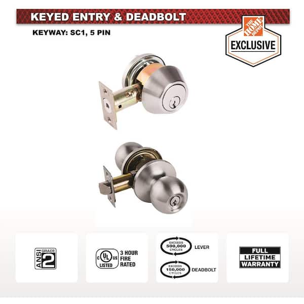Entry Door Lock and Single Cylinder Deadbolt Keyed Alike Satin Chrome