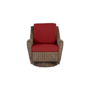 Cambridge Brown Wicker Outdoor Patio Swivel Rocking Chair with CushionGuard Chili Red Cushions