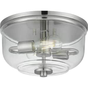 Knollwood 12 in. 2-Light Brushed Nickel Round Flush Mount, Industrial Ceiling Light with Clear Glass Shade