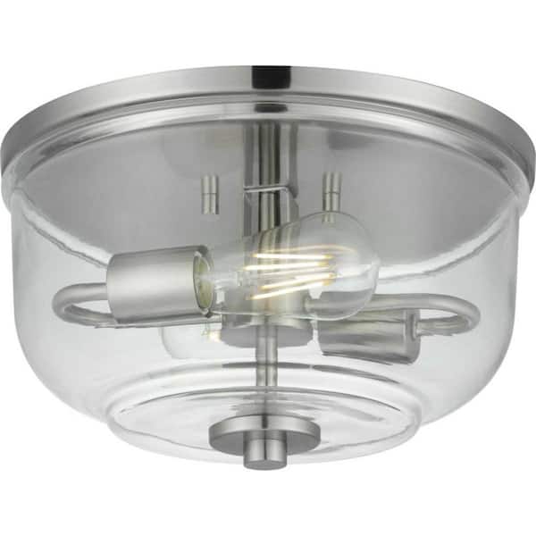 Home Decorators Collection Knollwood 12 in. 2-Light Brushed Nickel Round Flush Mount, Industrial Ceiling Light with Clear Glass Shade