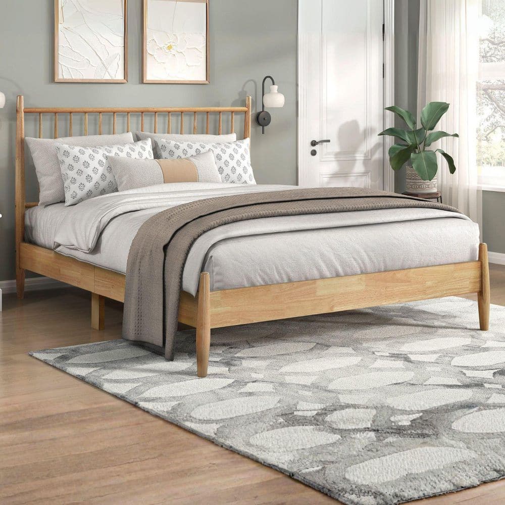 Sybil Mid-Century Modern Brown Wood Frame Full Size Platform Bed with Vertical Slats Headboard Natural price history on PriceWatchPro