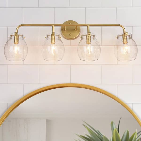 29 in. Seeded Glass Wall Sconce Lighting, 4-Light Modern Gold Bathroom Vanity Light, Globe Farmhouse Bath Lighting