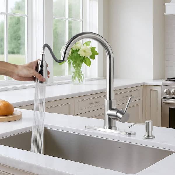 Single Handle Pull Down Sprayer Kitchen Faucet with 3-Function Sprayer and Soap Dispenser in Brushed Nickel