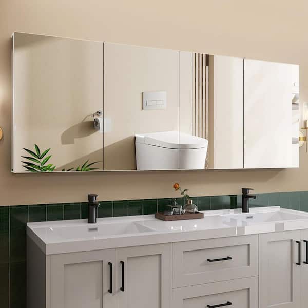 Vie 80 in. W x 30 in. H White Rectangular Recessed or Surface Mount Aluminum Medicine Cabinet with Mirror Tri-View Clear