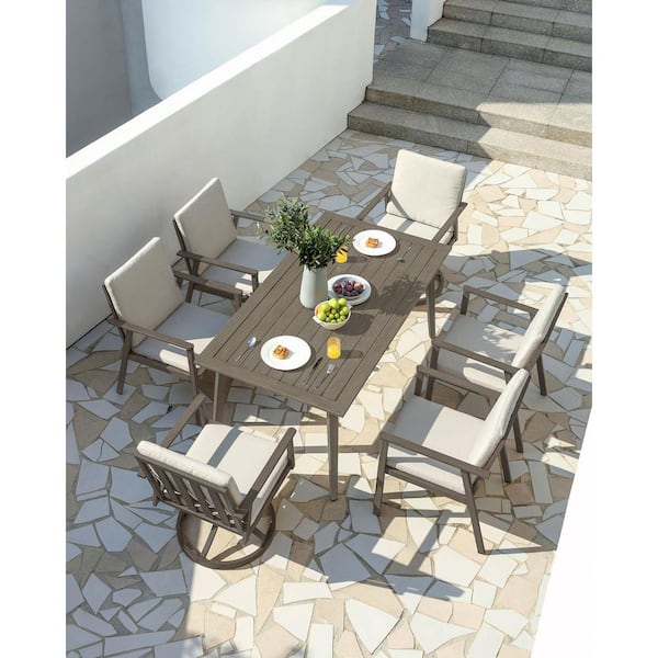 Oak Gray 7-Piece Aluminum Patio Furniture Set Outdoor Dining Set 2 Swivel Chairs with White Cushion and Umbrella Hole