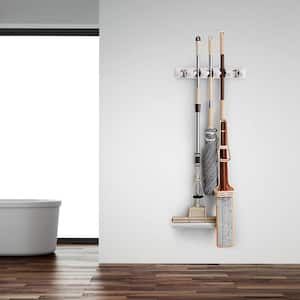 15.5 in. L White Wall Mounted 5 Position Mop Broom Holder Hanger Home Kitchen Organizer