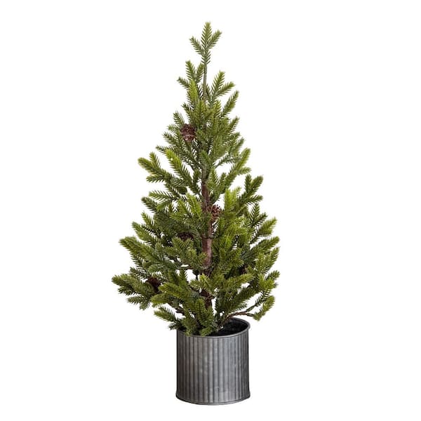 18 in. Artificial Christmas Tree with Pinecones in Metal Tin Planter