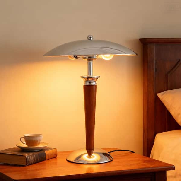 18 in. 1-Light Chrome and Wood Table Lamp,Bedside Mid Century Modern Metal Desk Light for Bedroom, Office or Living Room