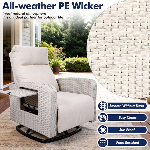 Grey Wicker Outdoor Chaise Lounge Reclining Swivel Chair with