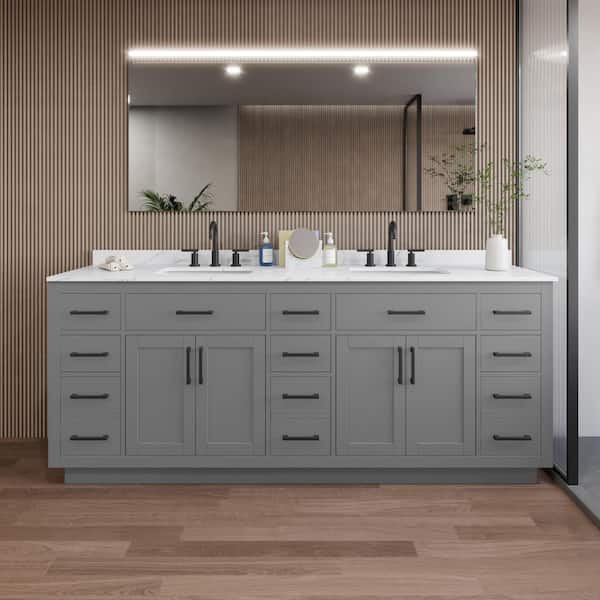 Beckett TK 84 in. W x 22 in. D x 35 in. H Double Sink Bath Vanity in Dark Gray with Matte Black Trim Giotto Quartz Top