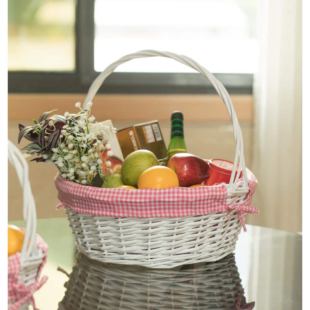 Vintiquewise White Round Willow Gift Basket with Pink Gingham