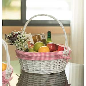 White Round Willow Gift Basket with Pink Gingham Liner and Handle Large