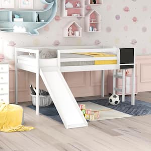 White Twin size Loft Bed Wood Bed with Slide, Stair and Chalkboard