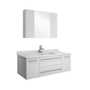 Lucera 42 in. W Wall Hung Vanity in White with Quartz Stone Vanity Top in White with White Basin and Medicine Cabinet