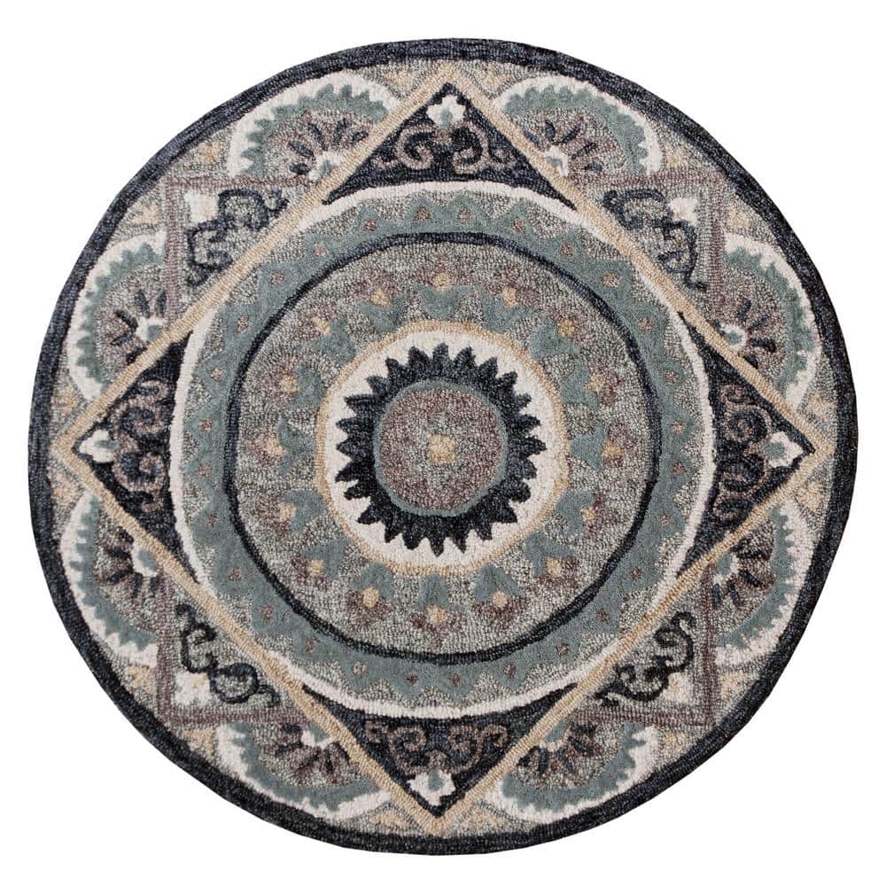 Brenna Modern Gray/Blue 3 ft. Round Monroe Prism Medallion Wool Area Rug