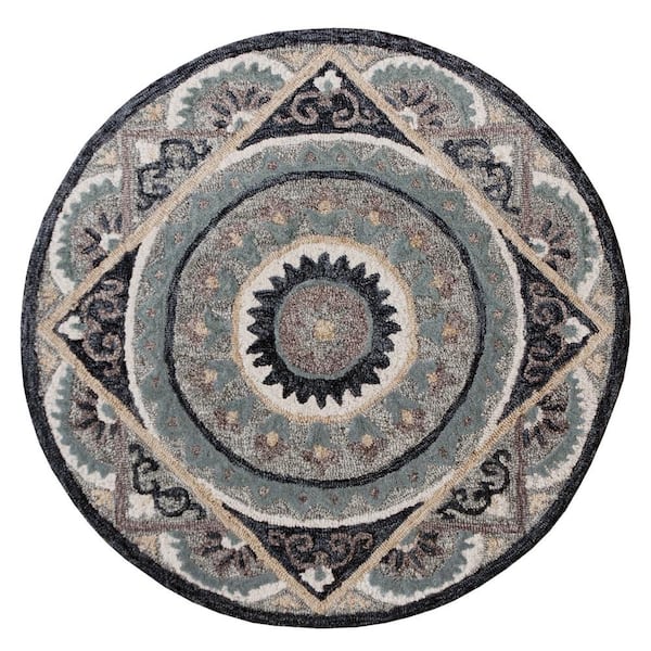 Brenna Modern Gray/Blue 3 ft. Round Monroe Prism Medallion Wool Area Rug