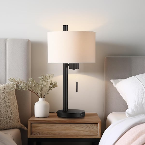 True Fine 23 In Black Modern Table Lamp With Usb Port And White Linen Shade