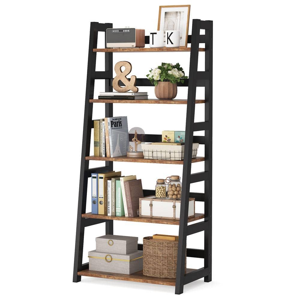BYBLIGHT 56.5 in. Brown Wood 5-Shelf Ladder Bookcase Vintage Bookshelf with 5-Tier Shelves BB-C0155GX