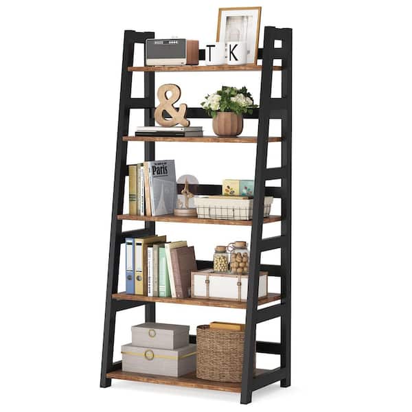 56.5 in. Brown Wood 5-Shelf Ladder Bookcase Vintage Bookshelf with 5-Tier Shelves
