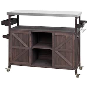 Dark Brown Wood Outdoor Barbeque Cart Serving Bar and Storage Cabinet with Stainless Steel Top, Spice Rack, Towel Rack
