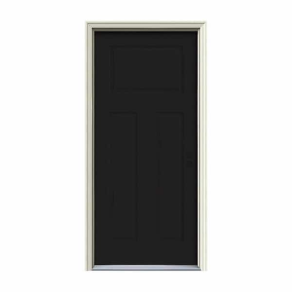 JELD-WEN 30 in. x 80 in. 3-Panel Craftsman Black Painted Steel Prehung Left-Hand Inswing Front Door w/Brickmould