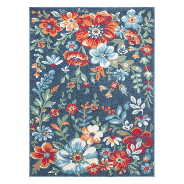 TOWN & COUNTRY LIVING Hibiscus Bloom Blue/Red 3 ft. x 5 ft. Floral Modern Indoor/Outdoor Patio Area Rug