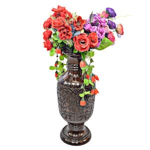 24 in. Antique Decorative Hand Curved Brown Mango Wood Table Flower Vase with Unique Textured Pattern