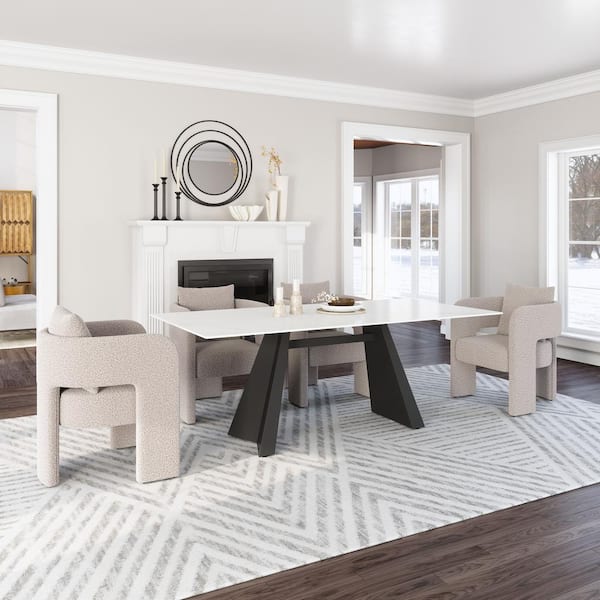 Inky Modern White Sintered Stone Top 78.7 in. W Steel Frame Pedestal Base Dining Table (Seats 6)