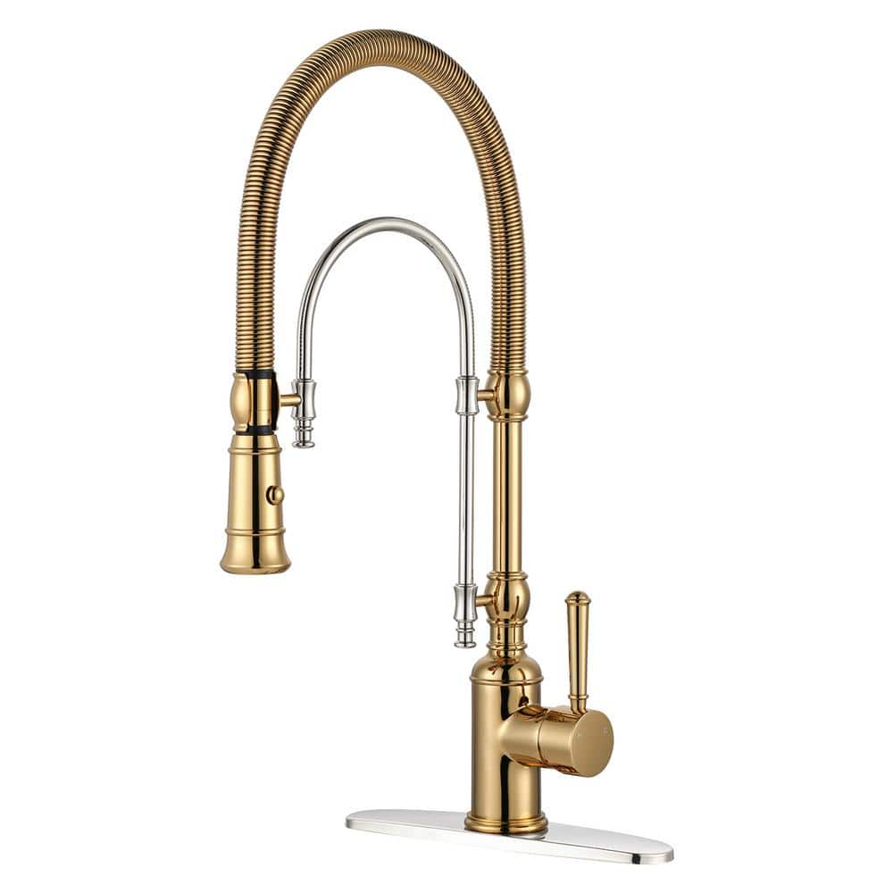 Single Handle Deck Mount Gooseneck Pull Down Sprayer Kitchen Faucet in Bushed Gold and Chrome -  WOWOW, KB122009GC-BHHD