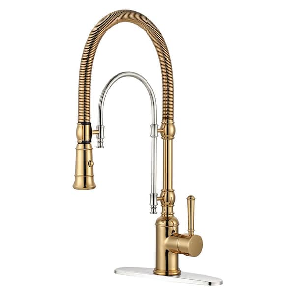 Single Handle Deck Mount Gooseneck Pull Down Sprayer Kitchen Faucet in Bushed Gold and Chrome