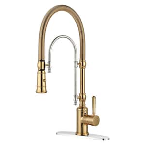Single Handle Deck Mount Gooseneck Pull Down Sprayer Kitchen Faucet in Bushed Gold and Chrome