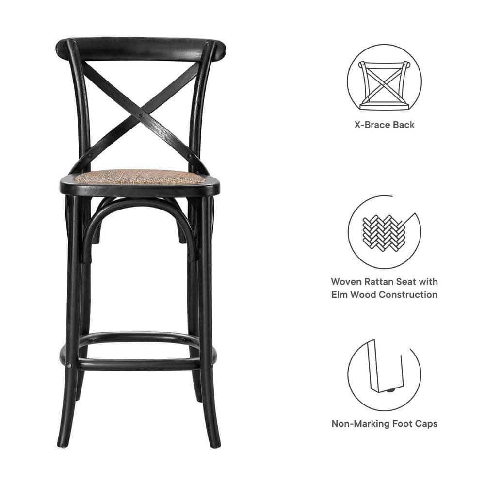 Black Elm Wood Counter Stool with Woven Rattan Seat