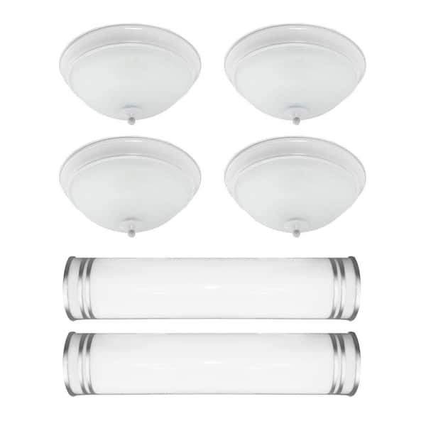 Efficient Lighting Bed and Bath 6 Piece Value Pack White and Brushed Nickel Flush mounts and Vanity Wall Mounts with Bulbs-DISCONTINUED