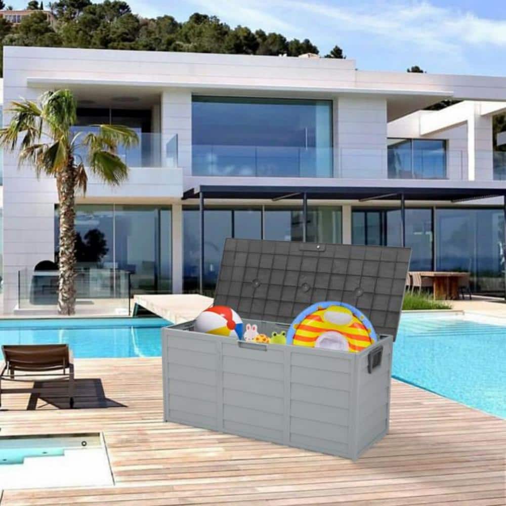 Gray Plastic Lockable Deck Box with Wheels and 75 Gallon Capacity