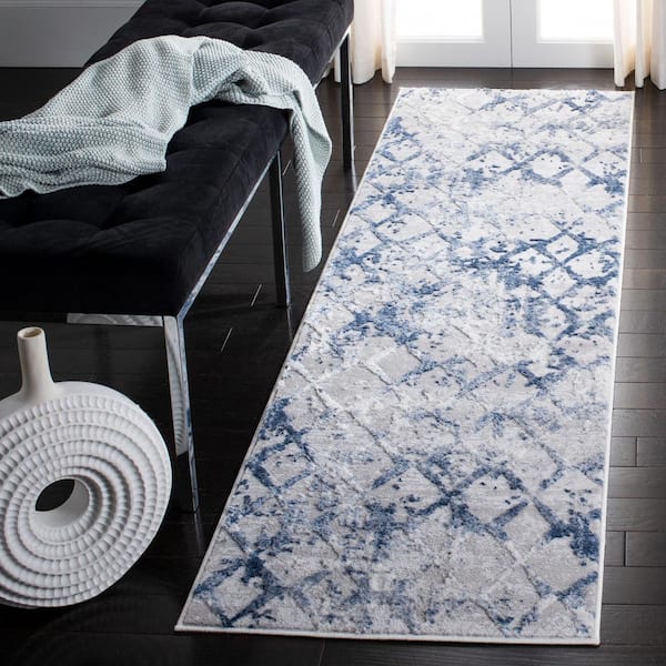 Amelia Gray/Navy 2 ft. x 16 ft. Abstract Diamond Runner Rug