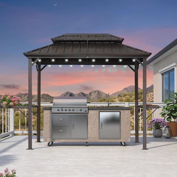 6 ft. x 9 ft. Hardtop Grill Gazebo for Patio Aluminum Barbecue Shelter Gazebo, Hooks,Shelves Double Tiered 24-Lights