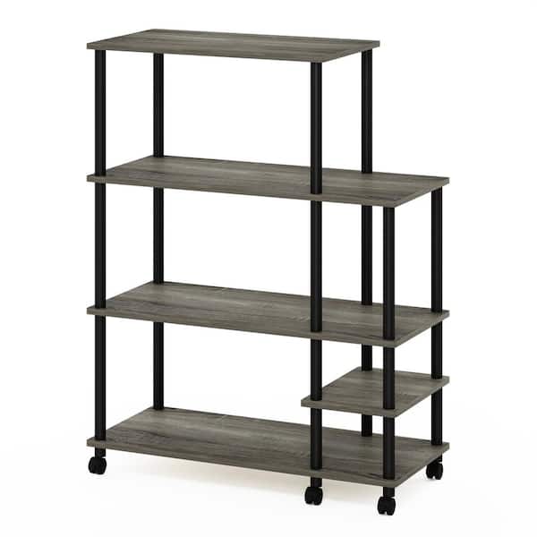Furinno Turn-N-Tube 46 in. Tall French Oak Grey/Black Wood 4-Shelf Etagere Bookcase with Wheels