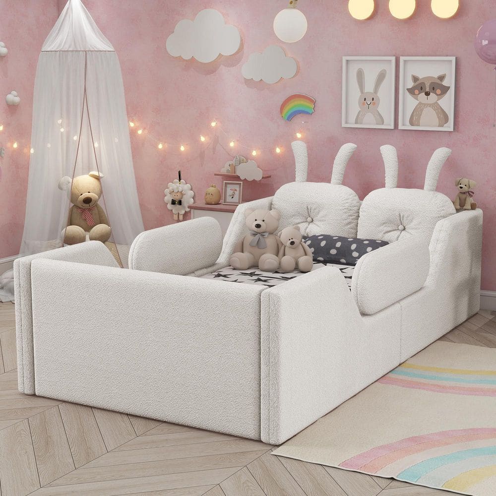 Rabbit Style White Teddy Upholstered Wood Frame Twin Floor Platform Bed, Kids Bed with Removable Side Rails