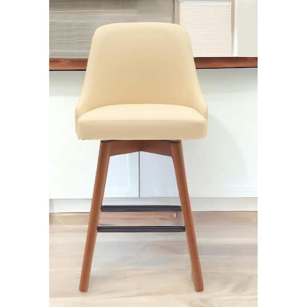 26 in. Cream High Back Wood Counter Stool Faux Leather Seat