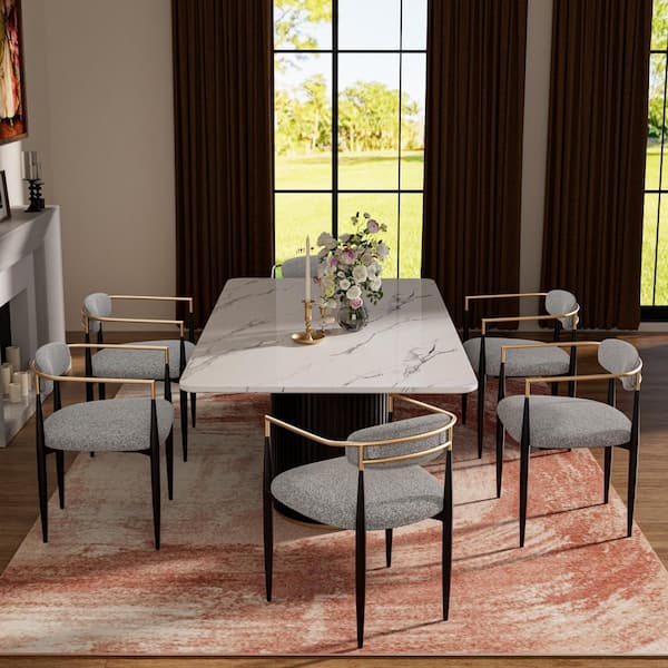 Morden Fort Modern 7-Piece Faux Marble Dining Table Top with Boucle Chair in Gray Dining Room Set for Kitchen