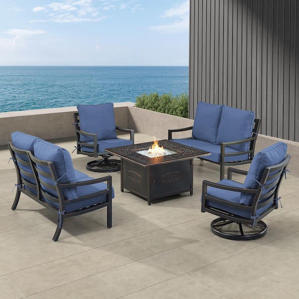 Oakland Living Black 6-Piece Aluminum Patio Fire Pit with 2-Deep Seating Loveseat and 2-Club Chairs Blue Cushions