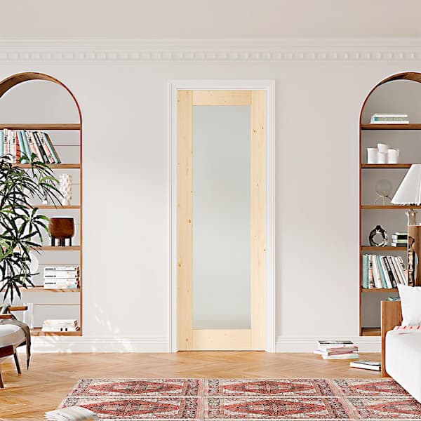32 in. x 80 in. Pine Wood Color Prehung Interior Door Right-Handed Frosted Glass MDF with Door Jamb and Hardware Kit