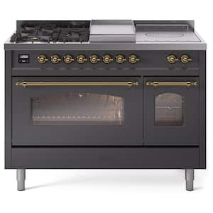 Nostalgie II 48 in. 5-Burner/Frenchtop/Griddle Freestanding Double Oven Dual Fuel Range in Matte Graphite with Brass