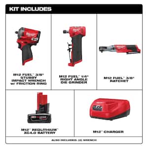 M12 FUEL 12V Lithium-Ion Brushless Cordless Stubby 3/8 in. Impact Wrench /3/8 in. Ratchet/Die Grinder Kit (3-Tool)