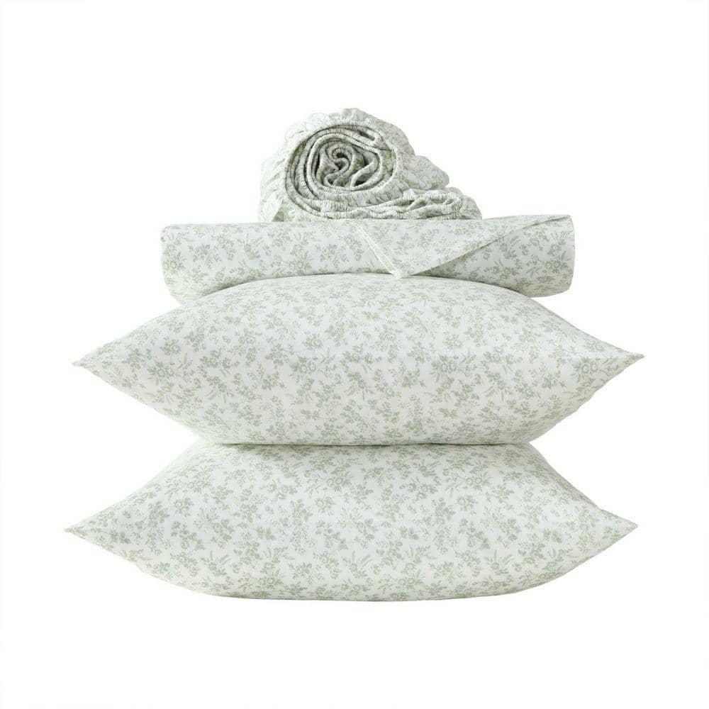 LAURA ASHLEY 花柄シートパッド 4個セット　未使用 Laura Ashley Floral Toile 4-Piece Sage Green Cotton Sateen Full