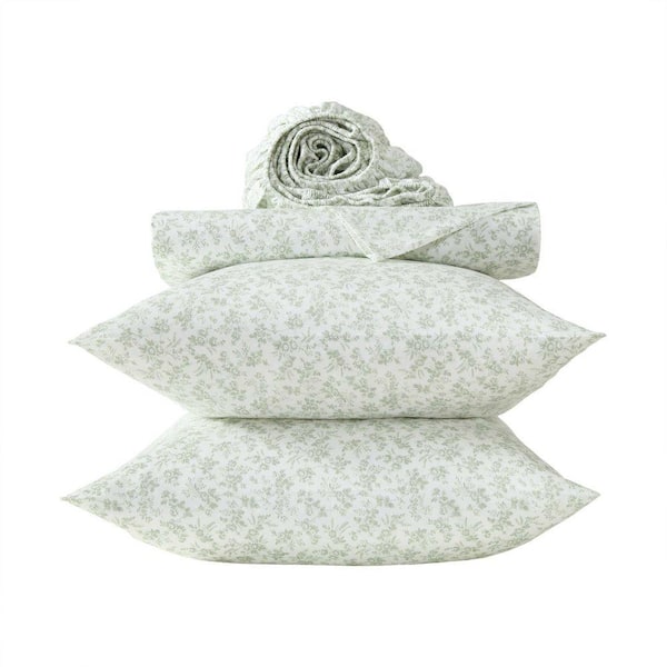 LAURA ASHLEY 花柄シートパッド 4個セット　未使用 Laura Ashley Floral Toile 4-Piece Sage Green Cotton Sateen Full