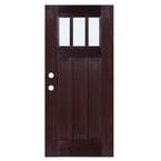 36 in. x 80 in. Dark Walnut Right-Hand Inswing 3 Lite Low E Clear Glass Craftsman Stained Fiberglass Prehung Front Door